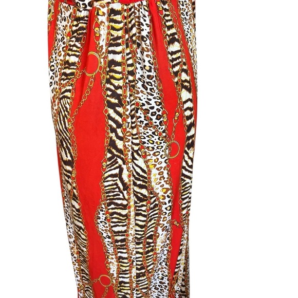 Women’s Maxi Dress Cut Out Gold Chain Lock Animal Print Red Mob Wife Large - Picture 6 of 11